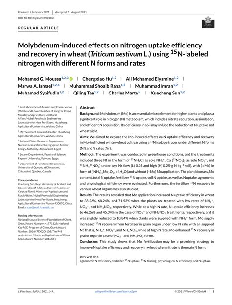 PDF Molybdenum Induced Effects On Nitrogen Uptake Efficiency And