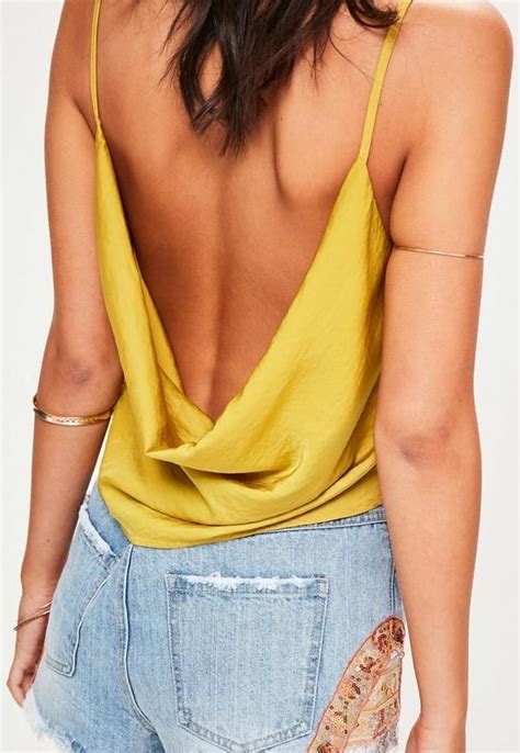 Yellow Satin Cowl Back V Neck Cami Top Missguided Satin Top Outfit Women Tops Online Crop