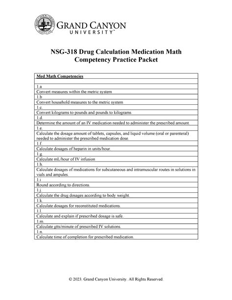 NSG 318 Drug Calculation Medication Math Competency Practice Packet