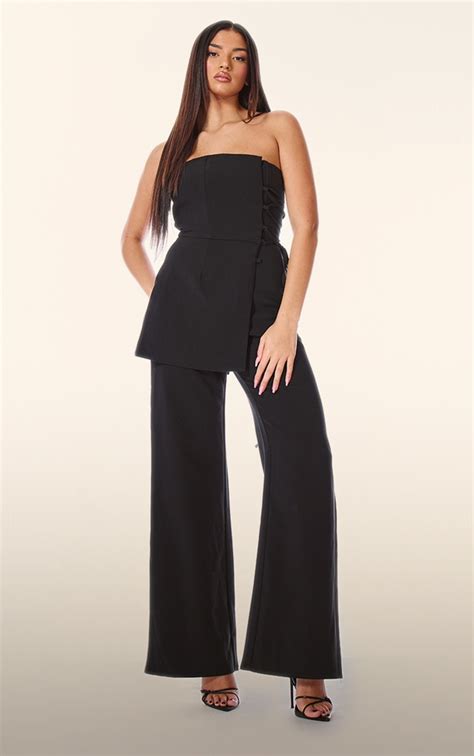 Plt Label Black Overlay Panel Lace Up Tailored Jumpsuit