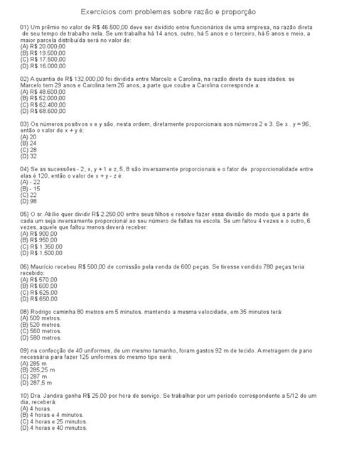 Exercícios Com Problemas Sobre Razão e Proporção | PDF | Ensino de ...