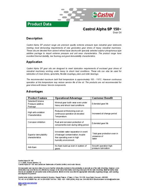 Product Data Castrol Alpha Sp 150 Pdf Gear Lubricant