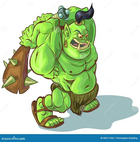 Vector Cartoon Troll Orc Or Ogre With Raised Club Stock Vector