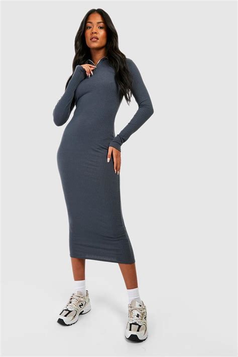 Tall Soft Rib Zip Longsleeve Midi Dress Boohoo Usa