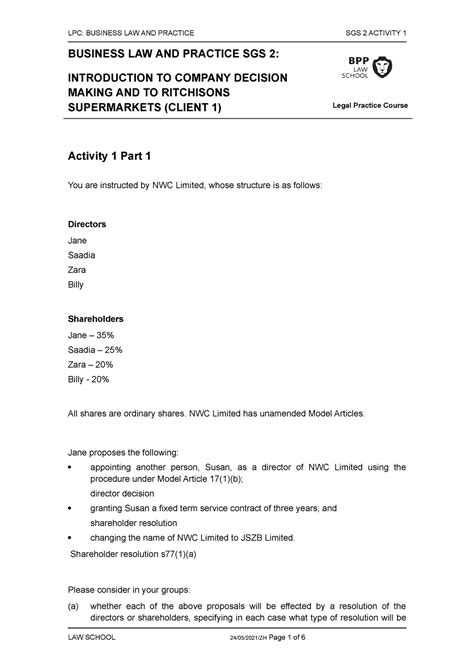 BLP SGS 2 Activity 1 21 22 LPC BUSINESS LAW AND PRACTICE SGS 2