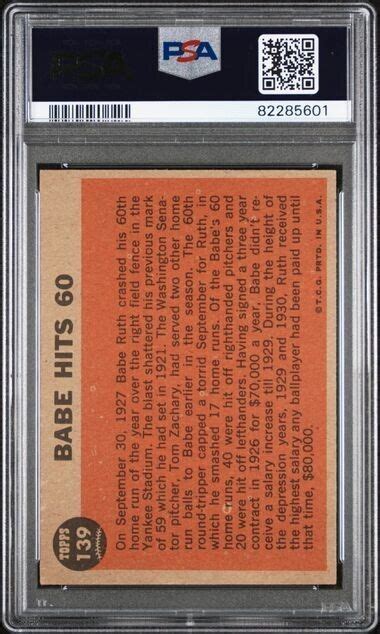 1962 Topps Babe Ruth Hits 60 Baseball Card PSA Graded VG EX 4 139 In