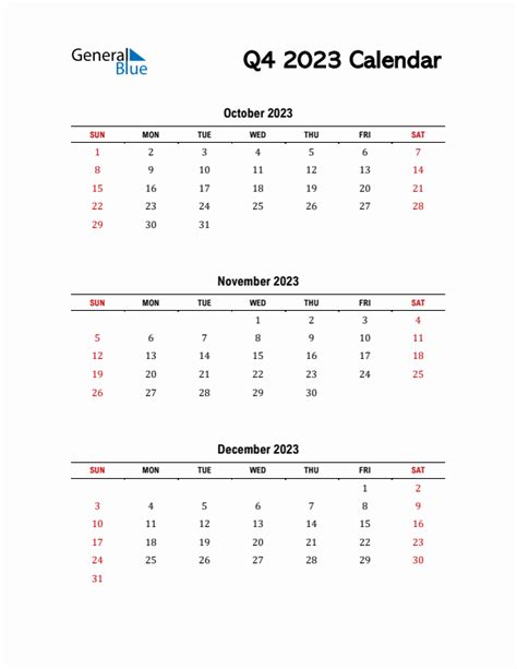 Q4 Quarterly Calendar 2023 in PDF, Word, Excel