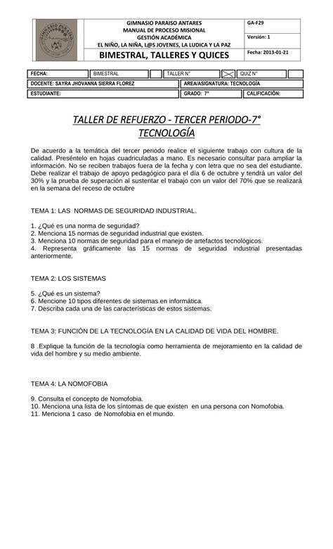 PDF TALLER DE REFUERZO TERCER PERIODO 7 TECNOLOGÍA Menciona 10