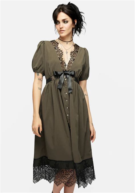 Mortuary Lace Button Up Midi Dress In Tea Leaf Disturbia