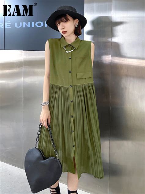 Eam Women Army Green Pleated Big Size Long Shirt Dress New Lapel