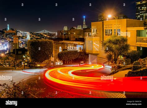 Blurred Car Light Trails At Night In Lombard Street San Francisco