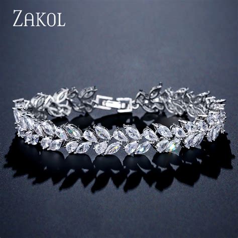 Zakol High Quality Fashion Cubic Zirconia Leaf Bracelet For Women