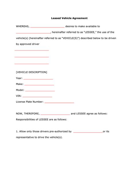 fillable leased vehicle agreement template printable