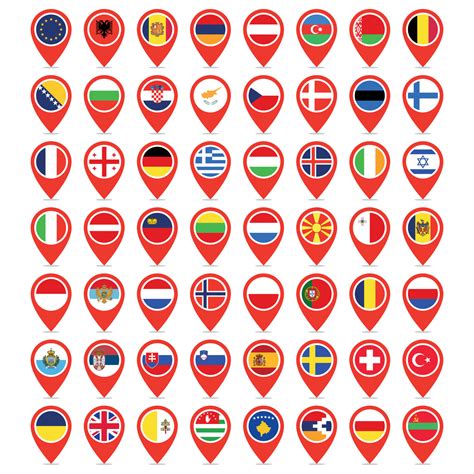 Set Of All Europe Flags Location Pins Vector Art At Vecteezy