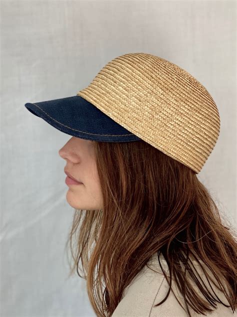 Straw Baseball Cap With Denim Visor Natural Straw Cap Etsy