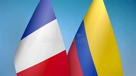 France And Colombia Two Flags On Flagpoles And Blue Cloudy Sky Stock