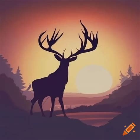 Majestic Stag Silhouette Against A Breathtaking Countryside Sunset On