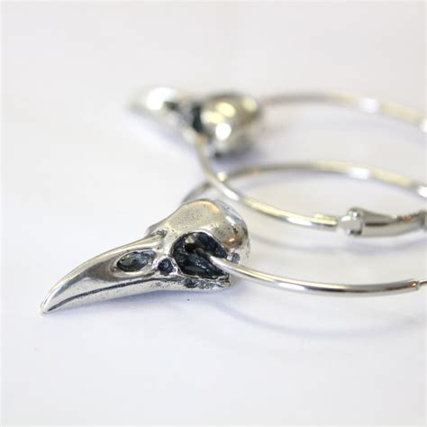 Silver Raven Skull Hoop Earrings In Solid White Bronze With Etsy