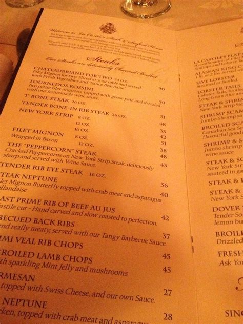 Menu at La Castile steakhouse, Mississauga