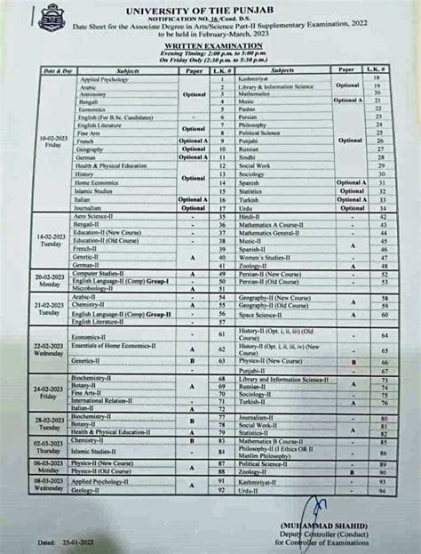 Pu Lahore Date Sheet Ada Ads Part Supply Exam