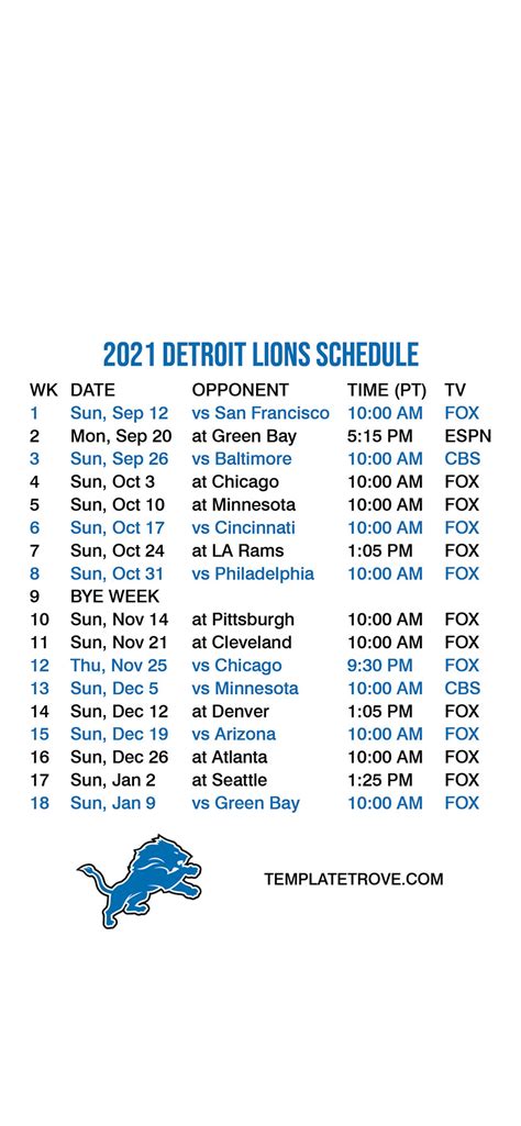 Printable Detroit Lions Schedule Printable Schedule