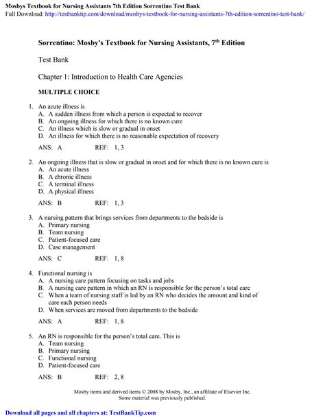 Mosbys Textbook For Nursing Assistants 7th Edition Sorrentino Test Bank