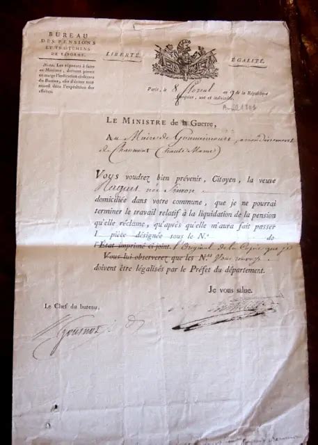 Lettre Du General Berthier Ministre De La Guerre Au Sujet D Une