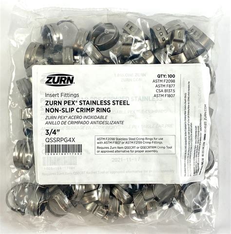 Zurn Crimp Ring Stainless Steel Non Slip Pex 3 4 Inch 100 Pack Qssrpg4x Ebay