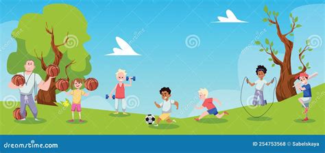 School Physical Education Lesson On Sports Ground Flat Vector