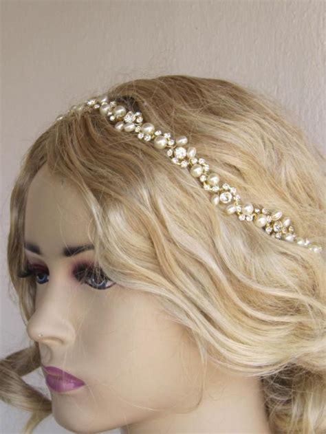 Wedding Headband Gold Rhinestones And Ivory Pearl Headband Bridal