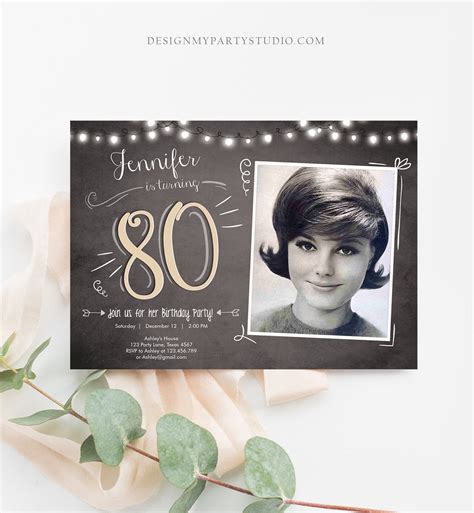 Editable 80th Birthday Invitation Chalkboard Rustic Adult Etsy