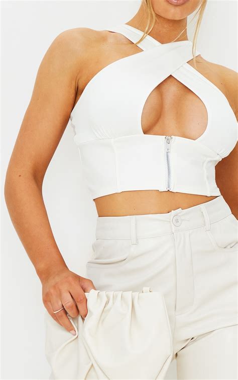 White Pu Underbust Strap Detail Crop Top Prettylittlething Usa