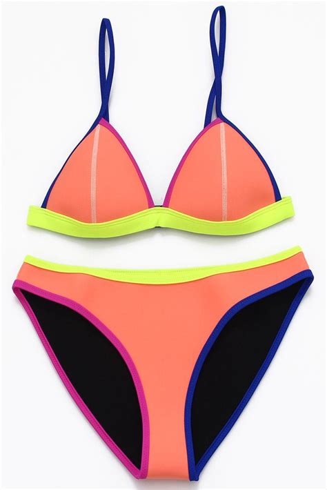 Fb Multicolor Contrast Trim Back Closure Neoprene Triangle Bikini