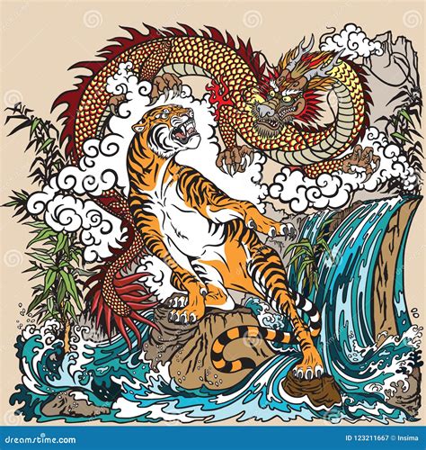 Chinese Dragon and Tiger in the Landscape Stock Vector - Illustration ...