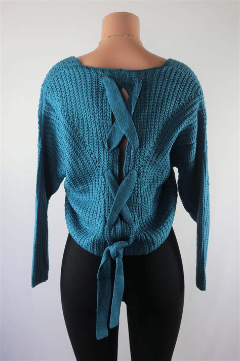 Teal Sweater Teal V Neck Lace Up Back Crop Sweater