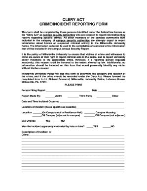 Fillable Online Millersville Incident Report Form Millersville