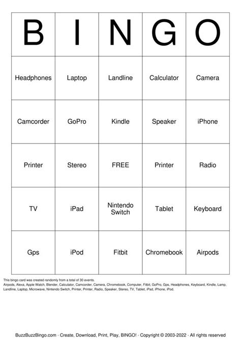 Electronics Bingo Cards To Download Print And Customize