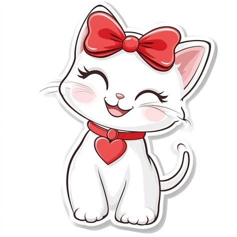 White Cat With Red Bow Cartoon Premium Ai Generated Vector