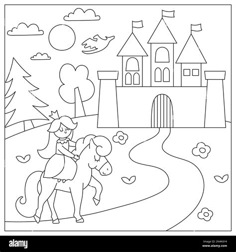 Vector Black And White Medieval Village Landscape With Princess On A