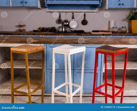 Three Multi Colored Bar Stools On The Kitchen Stock Image Image Of