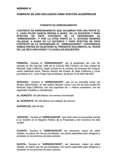 Contrato De Arrendamiento Formato De Uso Exclusivo Para Efectos