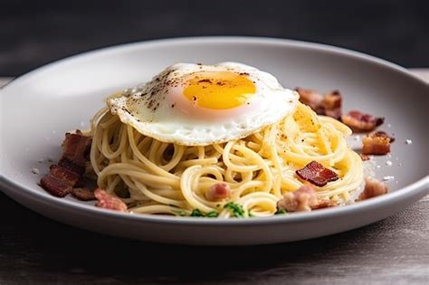 Spaghetti Carbonara Dinner Plate With Egg Cheese And Bacon Created With