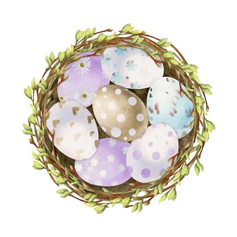 Aquarell Handgezeichnet Ostern Feier Cliparts Nest Kranz Mit Bemalten