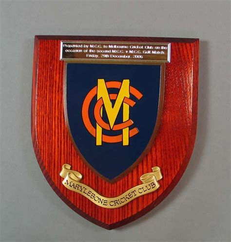 Wooden Plaque presented by Marylebone Cricket Club to Melbourne Cricket ...