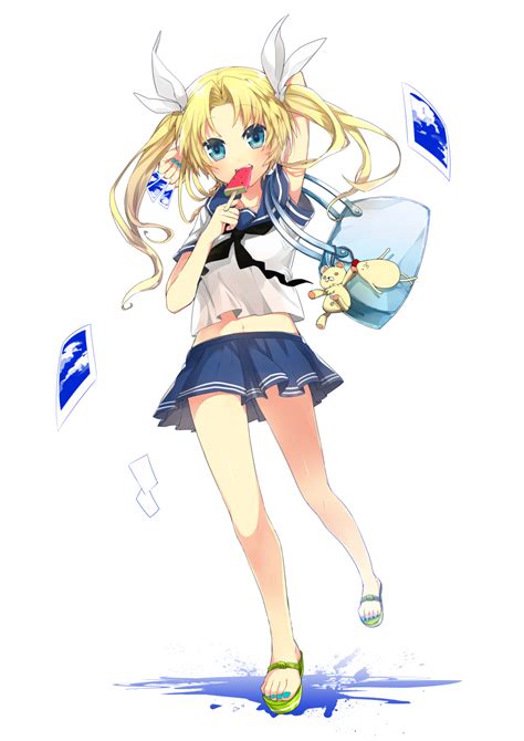 Safebooru 1girl Bag Blonde Hair Blue Eyes Highres Nail Polish Navel Photo Popsicle Ribbon