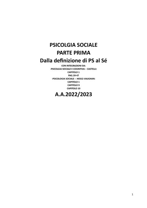 Sociale Appunti Lezione PSICOLGIA SOCIALE PARTE PRIMA Dalla