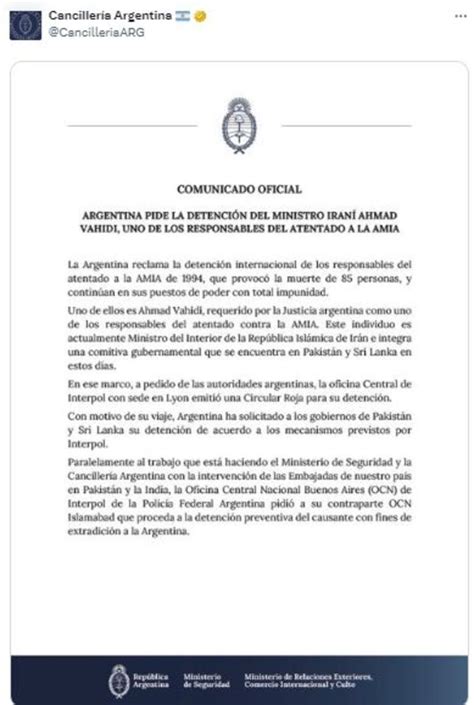 La Argentina Pidi La Detenci N Internacional Del Ministro Del Interior