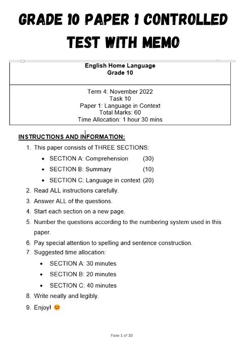 Grade 10 Paper 1 Control Test • Teacha