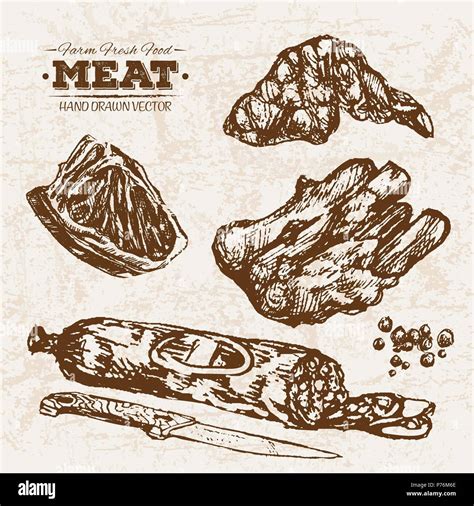 Hand Drawn Sketch Meat Products Set Farm Fresh Food Black And White