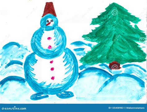 Árvore Do Boneco De Neve E De Natal Desenho Da Criança Ilustração